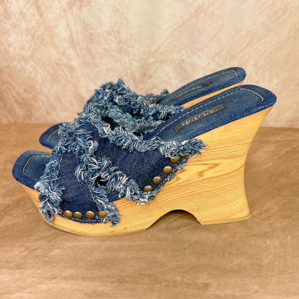 Vintage Y2K Splash Denim Fringe Wedge Platform Sandals High Heels 90s Studded - Picture 2 of 11